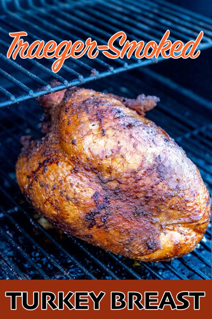 smoked turkey breast on a grill, pin