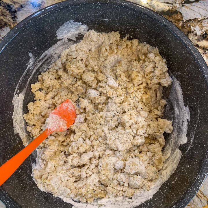 crumbled dough in a pot