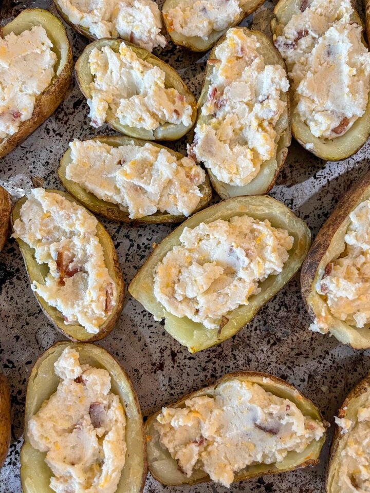 twice baked potatoes on a baking tray