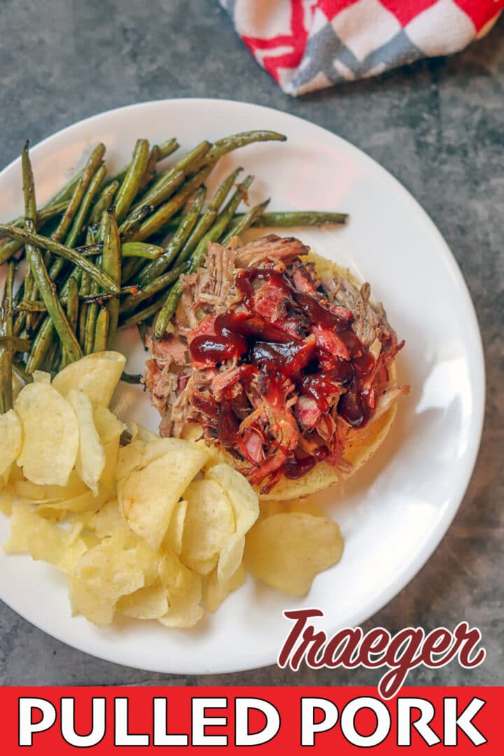 traeger pulled pork sandwich, green beans, and chips (pin)