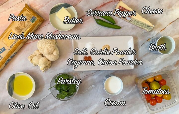 lion's mane recipe ingredients, labeled.