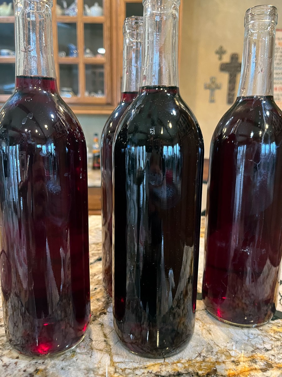 bottles of chokecherry wine on the counter