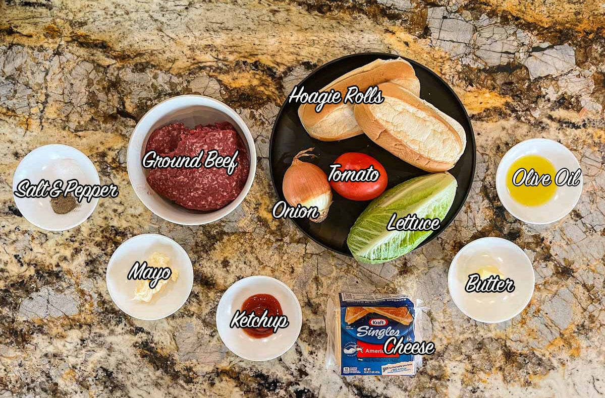 chopped cheese sandwich ingredients including beef, hoagie buns, tomato, lettuce, and condiments.