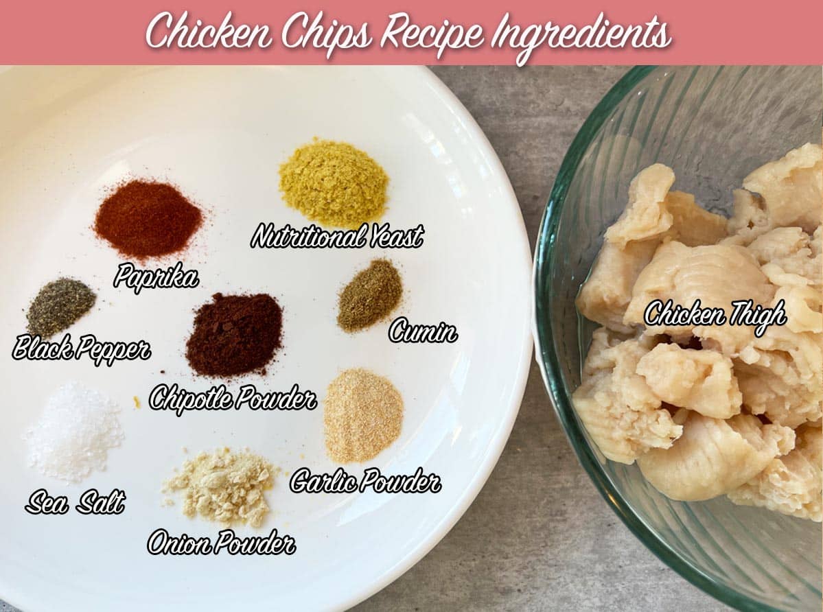 chicken chip spices on a plate beside ground chicken thighs in a bowl