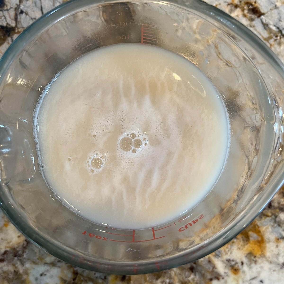 yeast fermenting in measuring cup