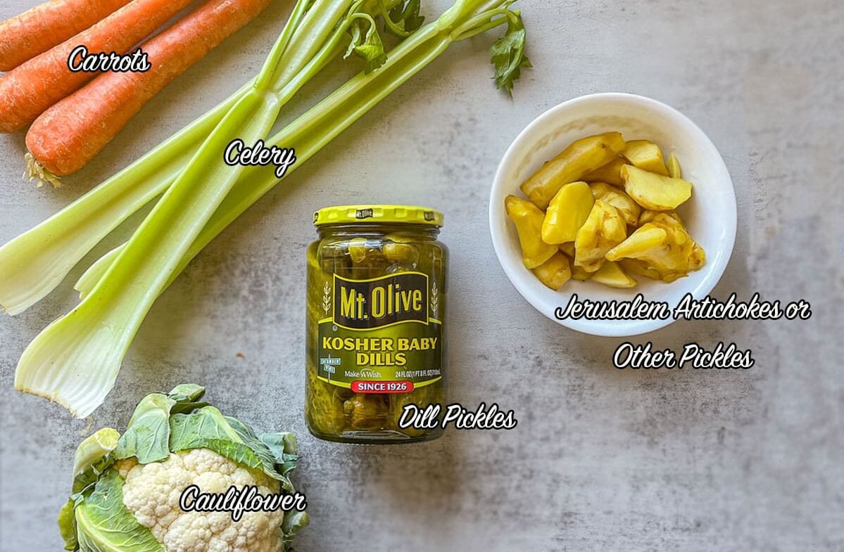 torshi recipe ingredients including pickles, celery and carrots.