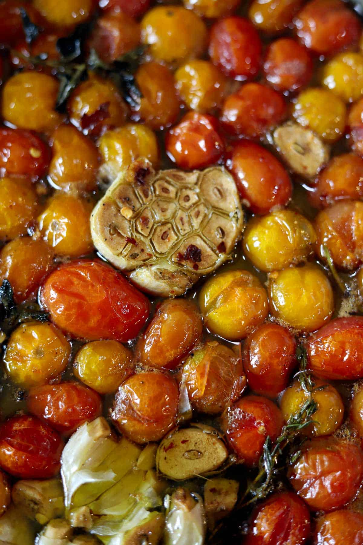cherry tomato confit in a pan
