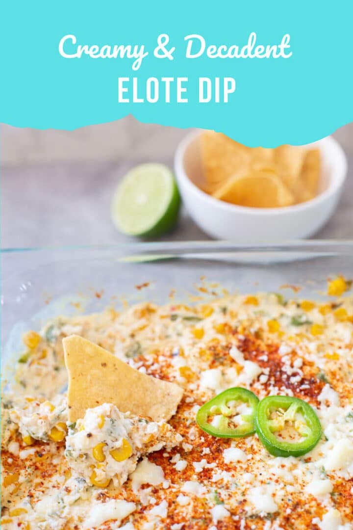 elote dip with a chip and jalapeño slices in the middle and