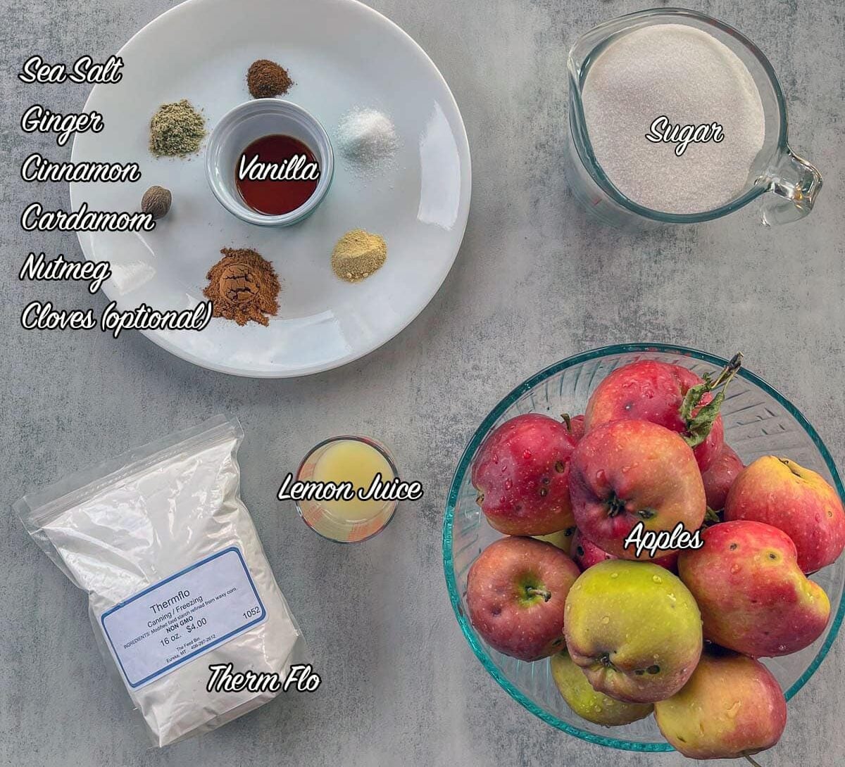 canned apple pie filling ingredients including apples, sugar, spices, and lemon juice