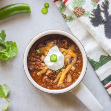 a bowl of elk chili in a bowl