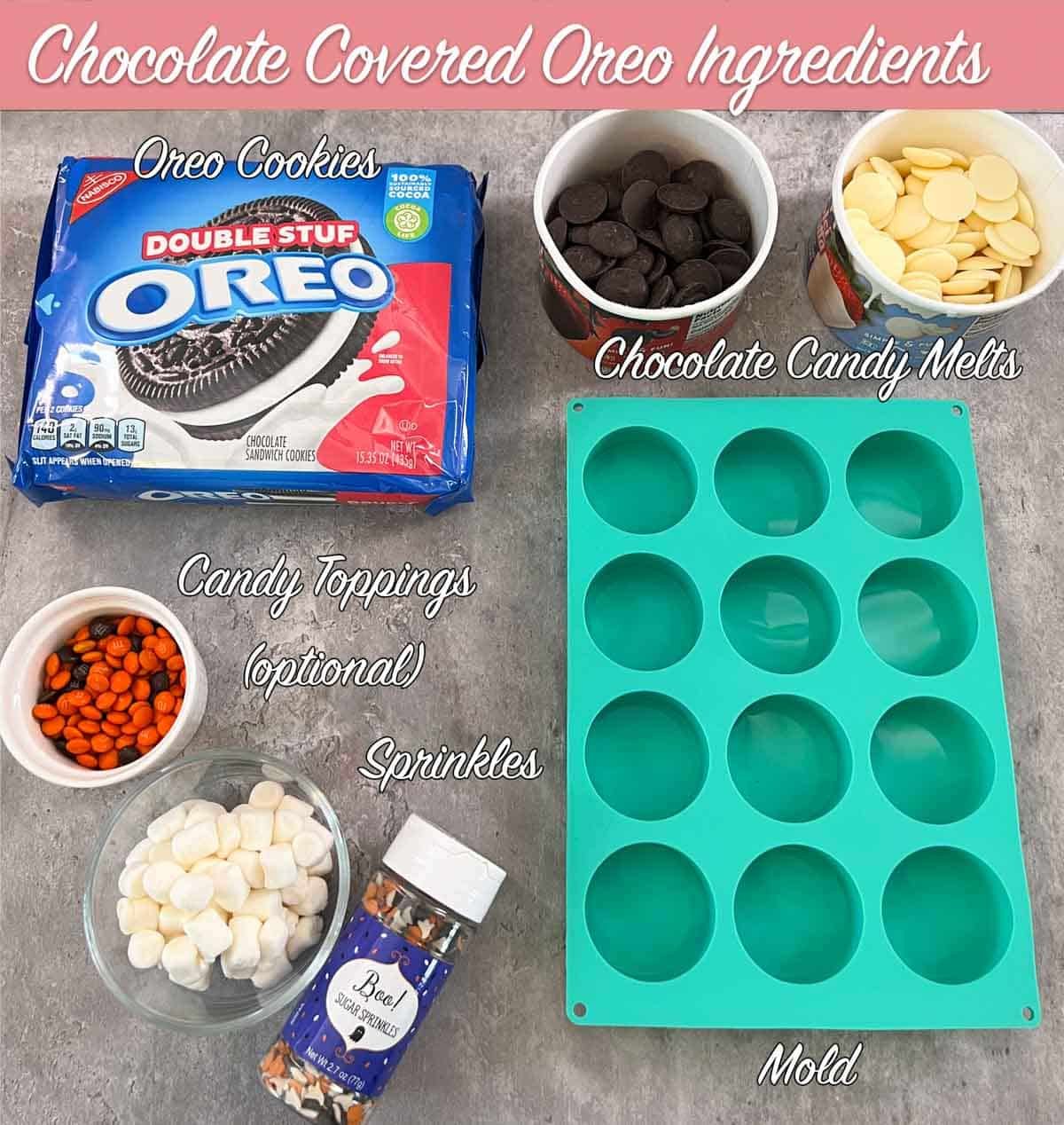 decorated halloweeningredients for chocolate covered oreos