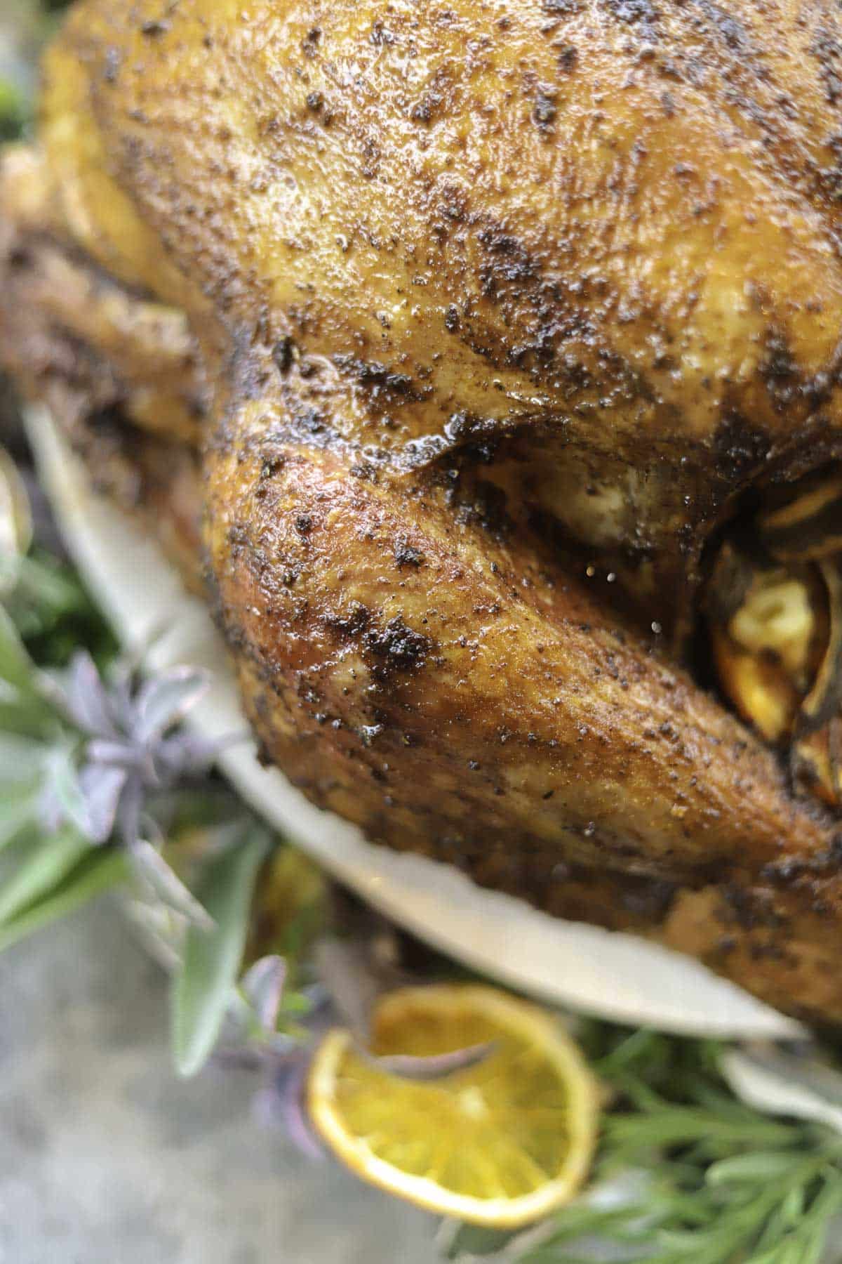 close up of Traeger turkey on a platter