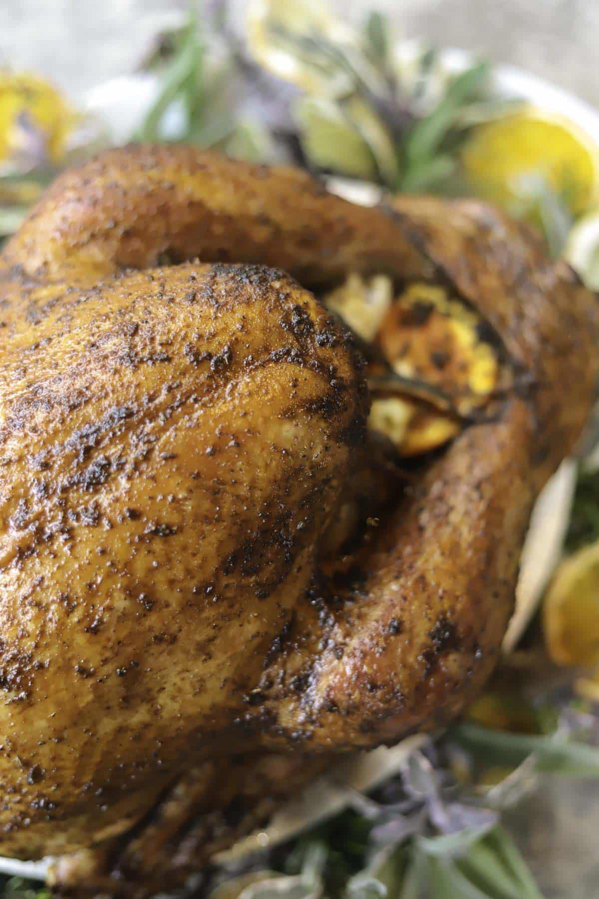 close up of a Traeger turkey on a platter