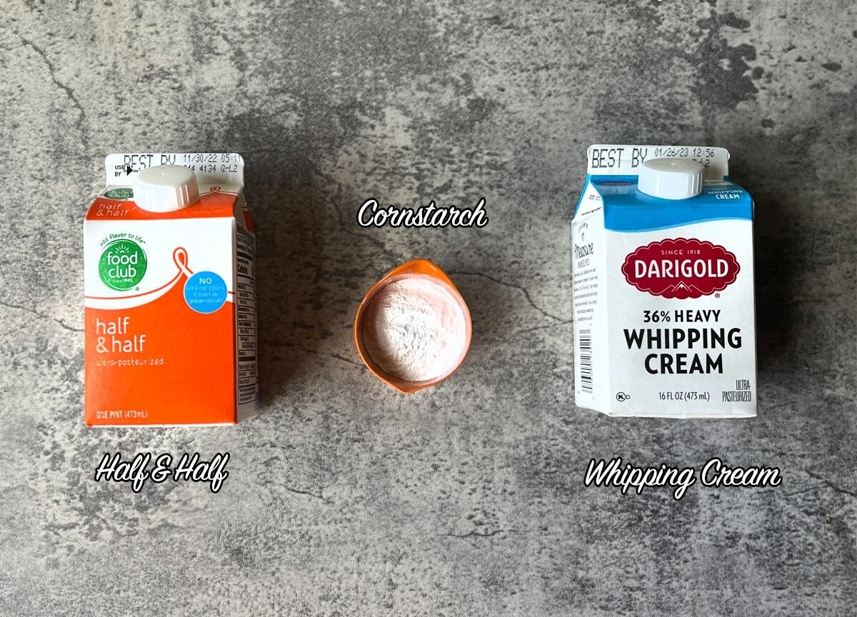 geymar ingredients: whipping cream, cornstarch, and half and half.