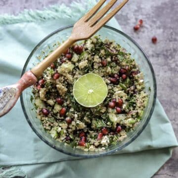 zesty quinoa salad on a light seafoam napkin