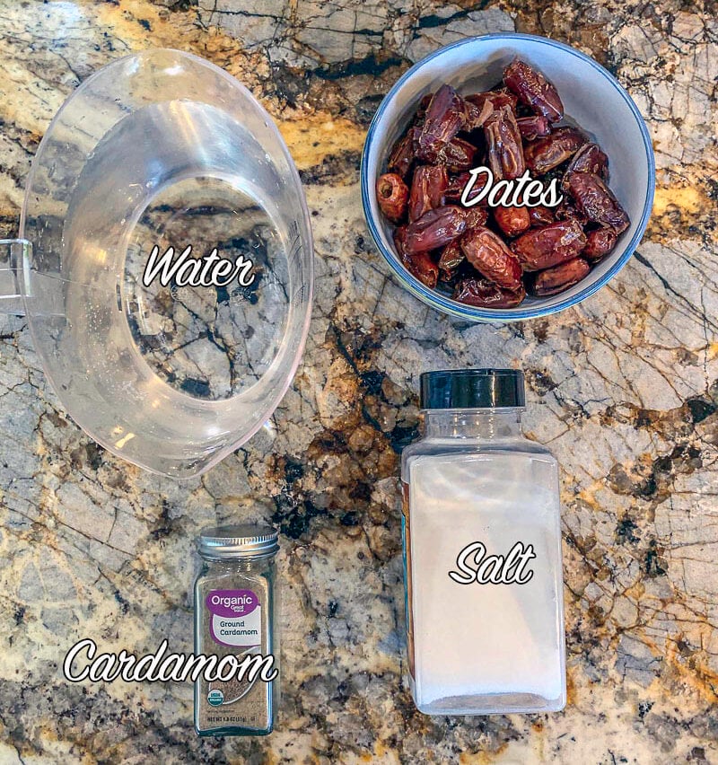 date syrup ingredients including dates, water, salt, and cardamom.