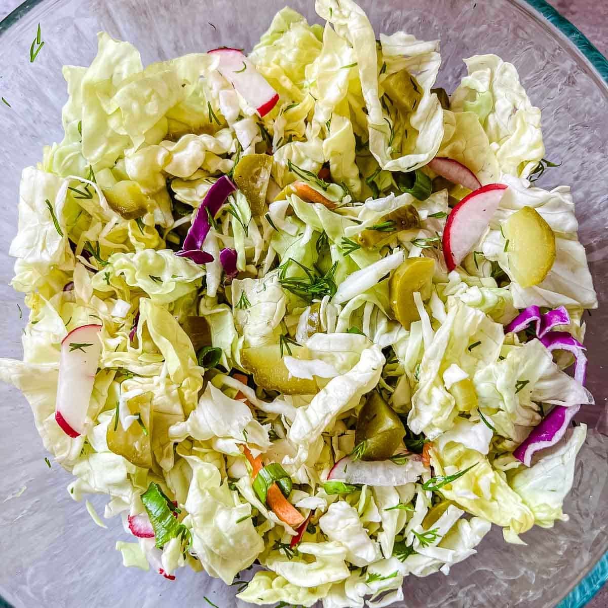 chopped dill pickle salad before dressing is added
