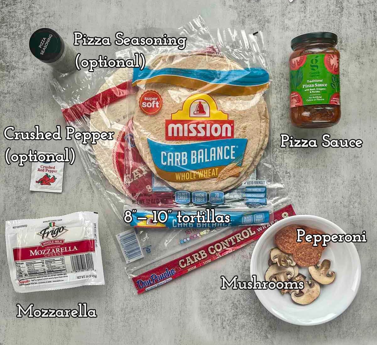 tortilla pizza ingredients, labeled