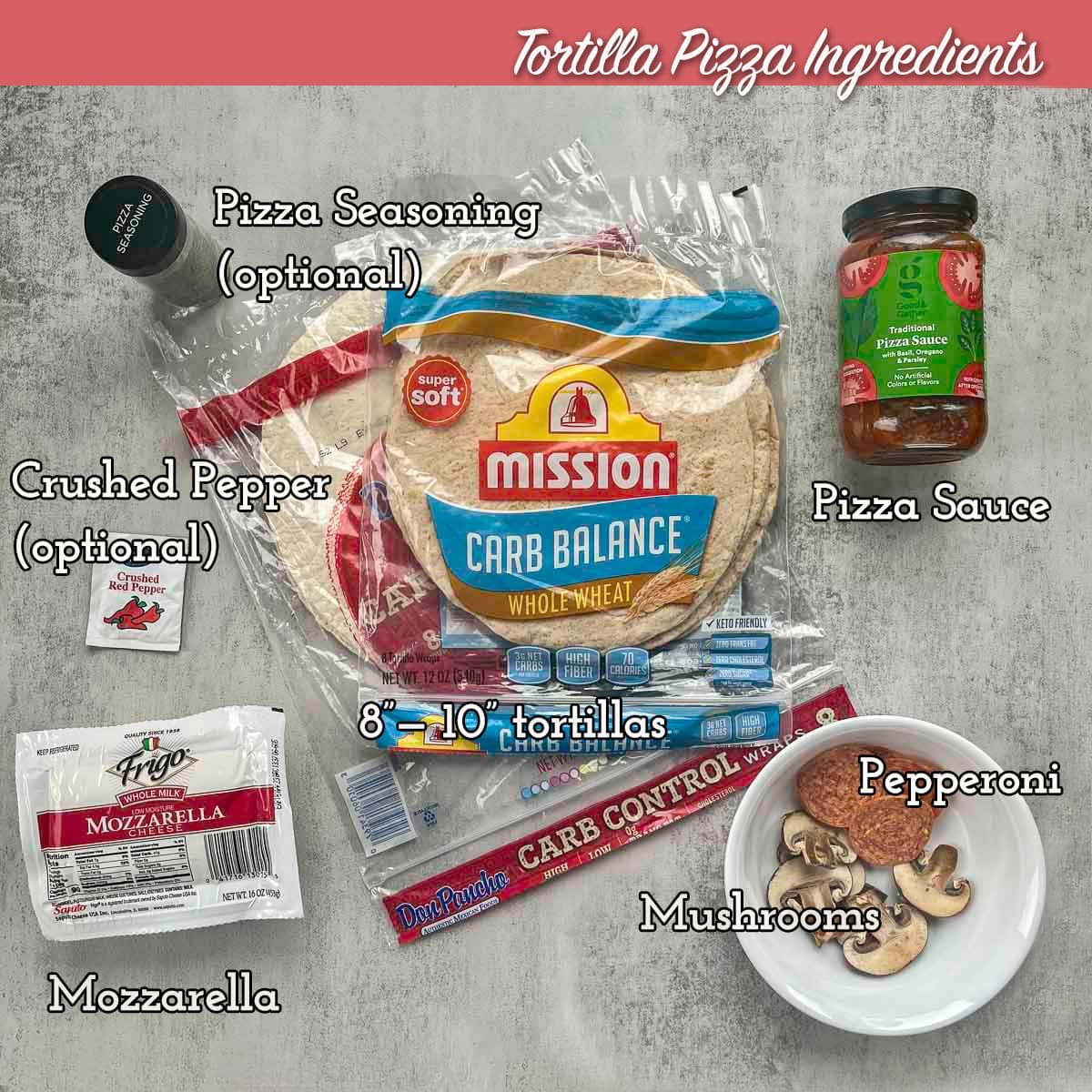 tortilla pizza ingredients, labeled