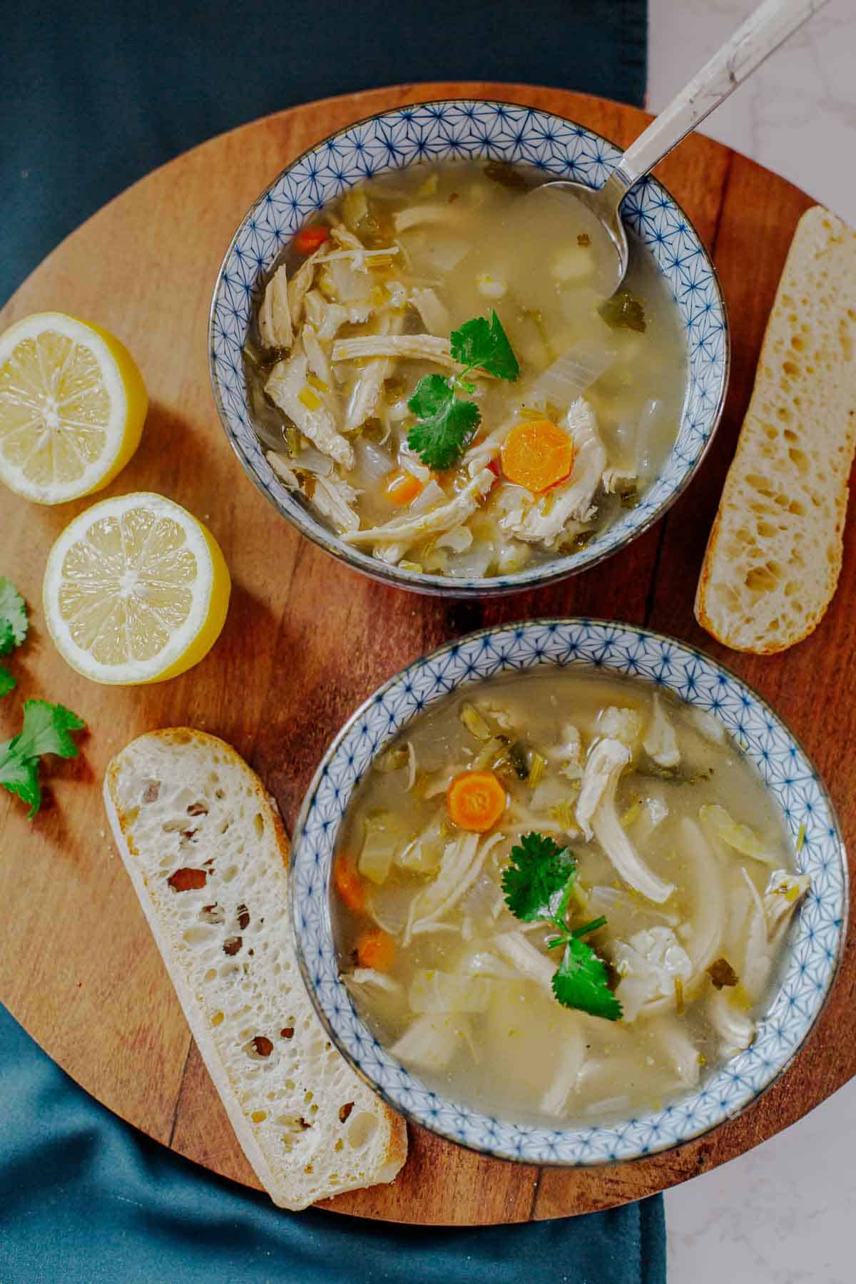 chicken lemon coriander soup in two bowls
