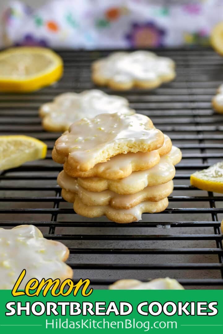 lemon shortbread cookies on a cooling rack, pin