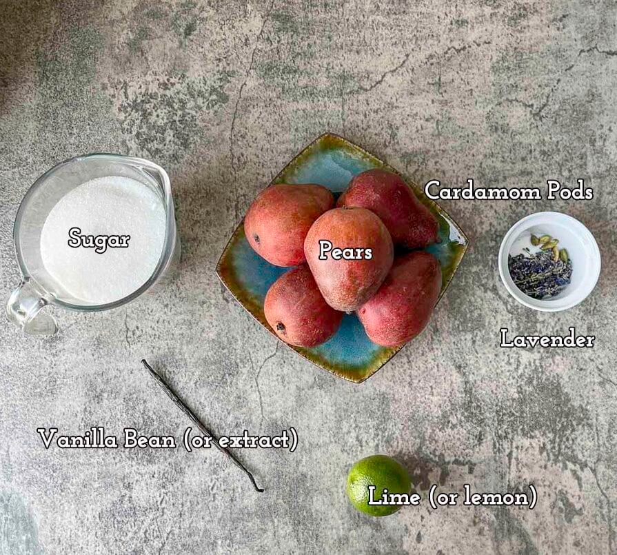 pear jam ingredients, including pears, sugar, lime, and vanilla.