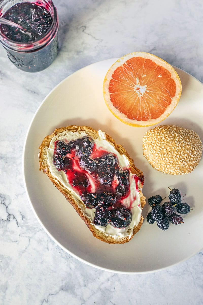 mulberry jam on toast with ½ grapefruit