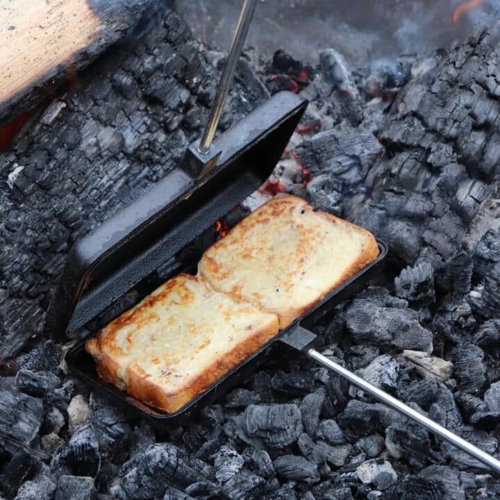camp cooker french toast over campfire