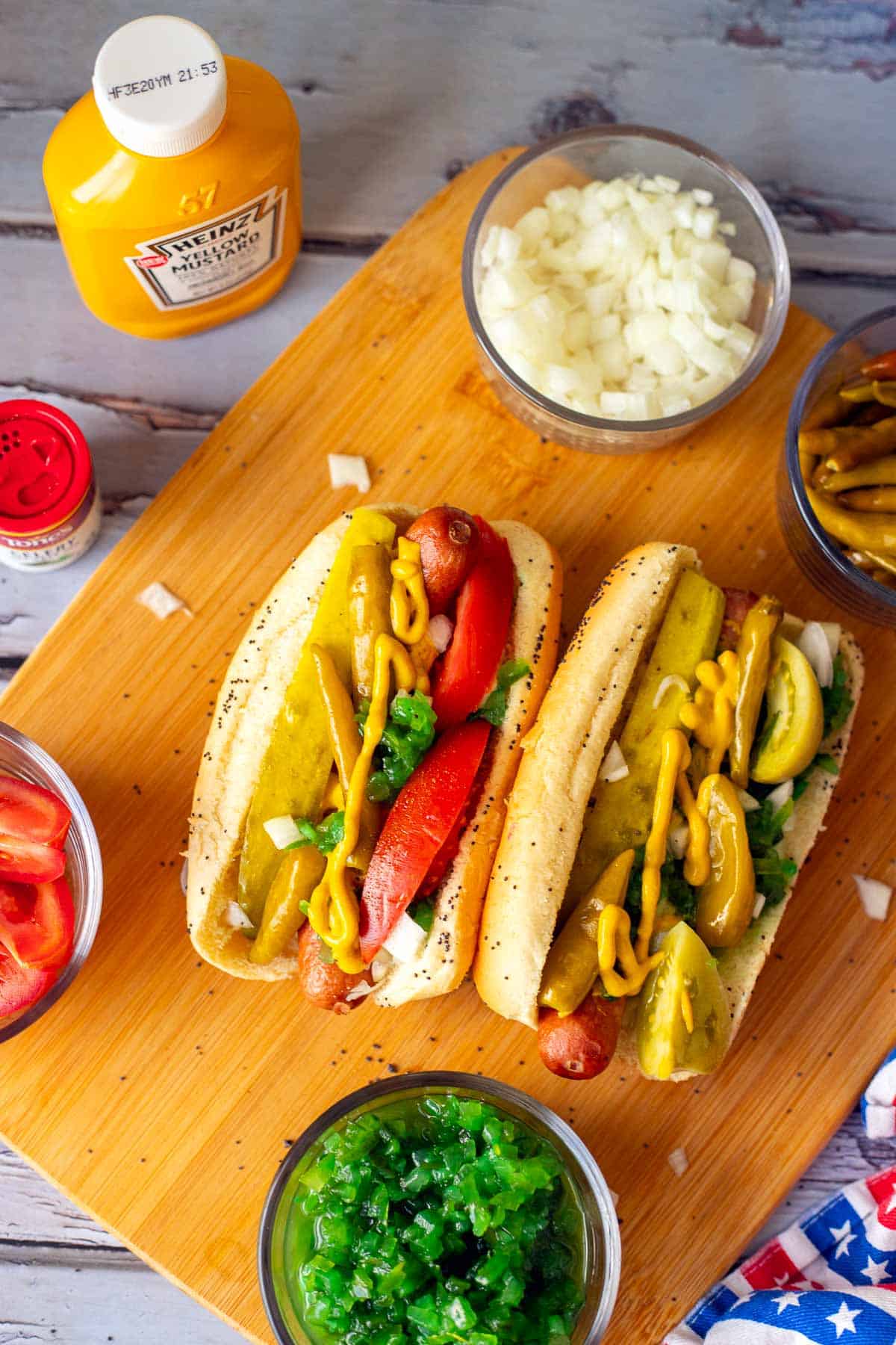 chicago dogs with diced onion, relish, mustard, and tomatoes 