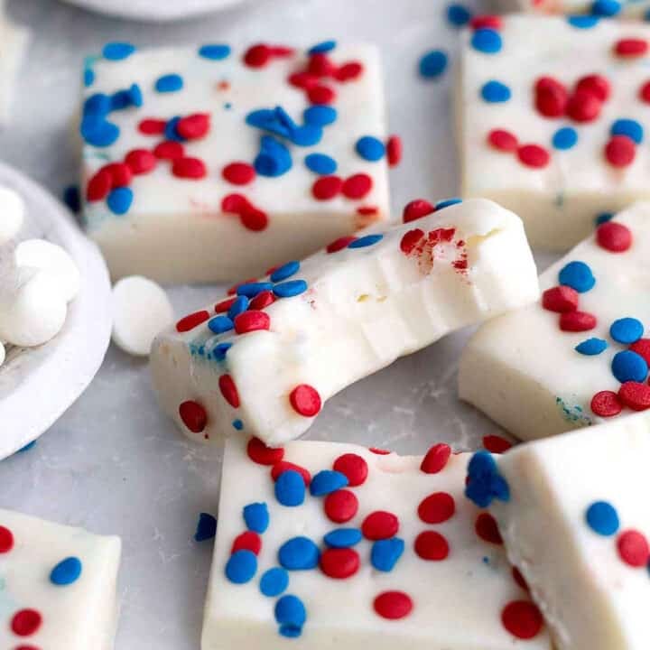 White Chocolate Fudge with blue and red sprinkles