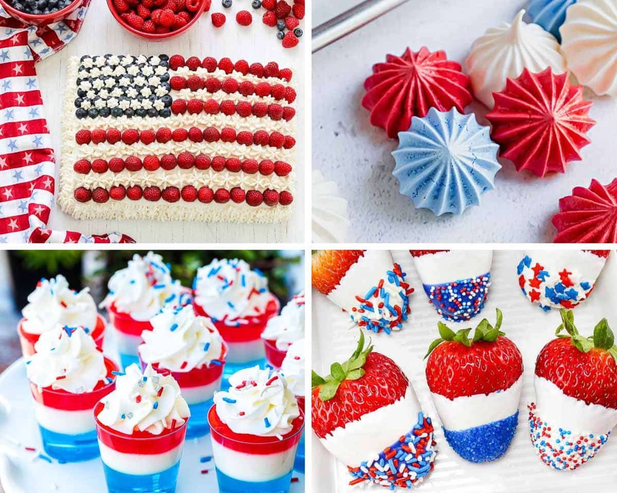 collage of red white and blue desserts