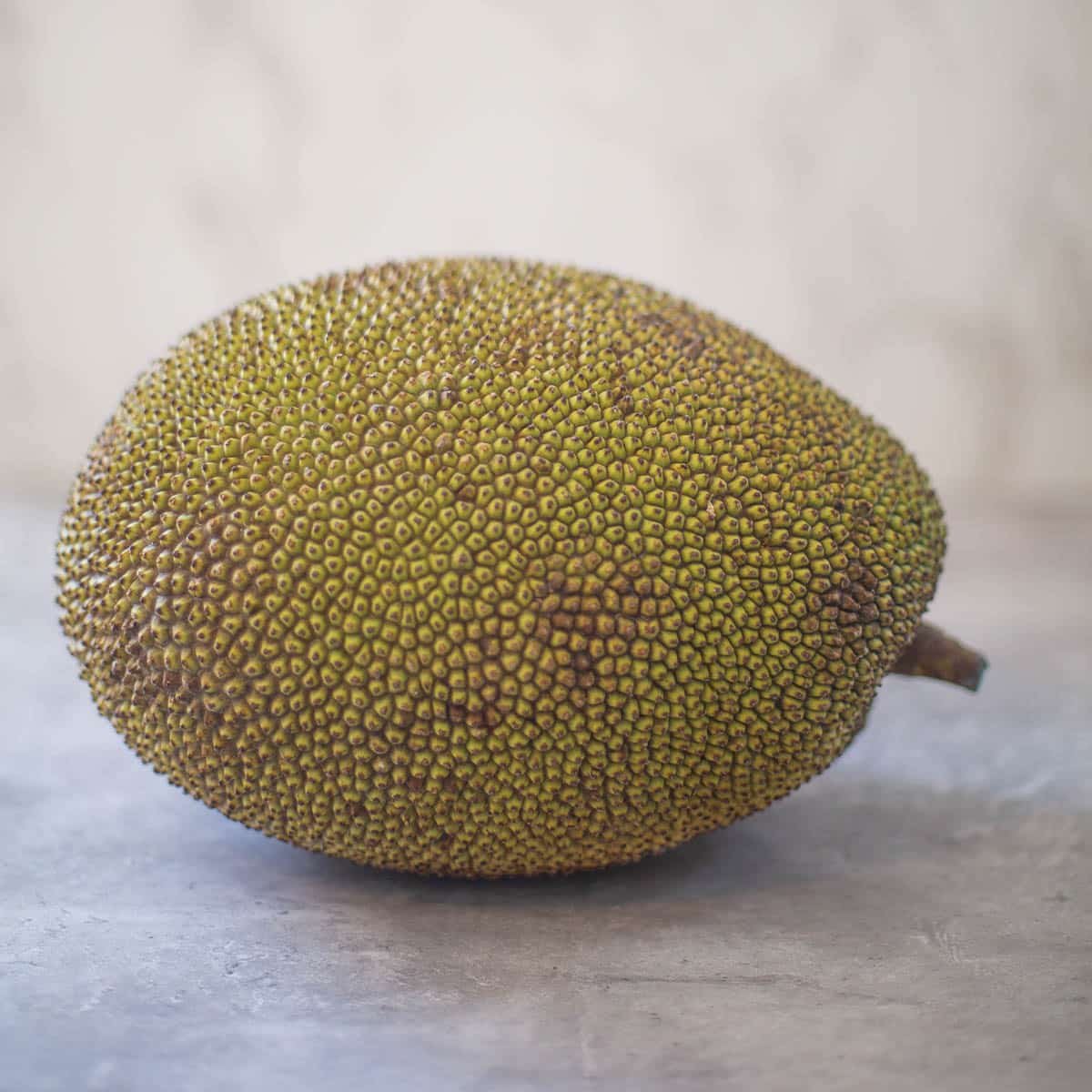 spiky green exterior of a jackfruit