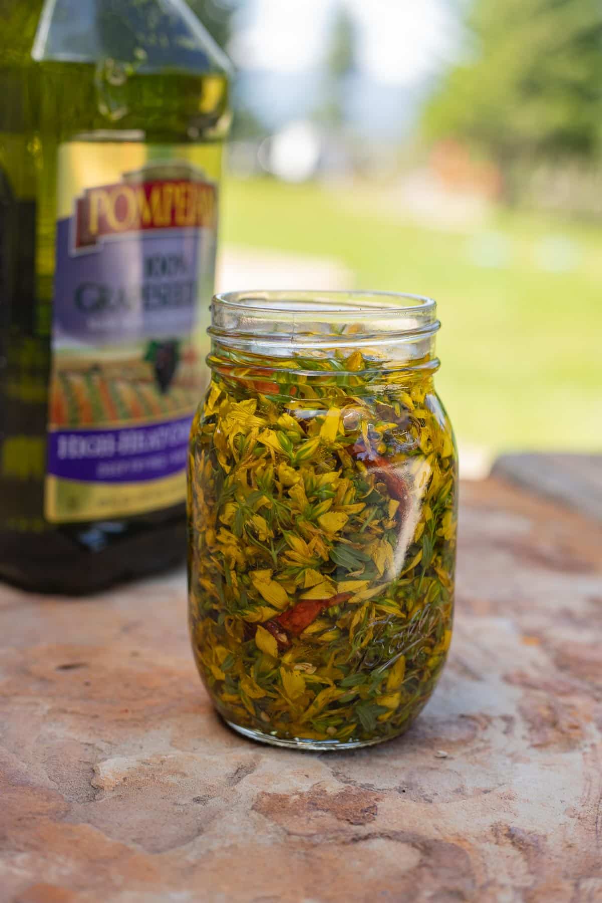 st john's wort oil in a jar with oil behind it