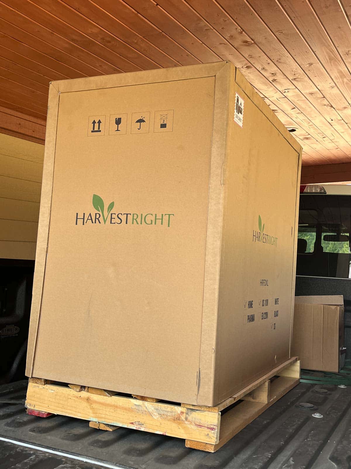 harvest right freeze dryer in a box on a pallet