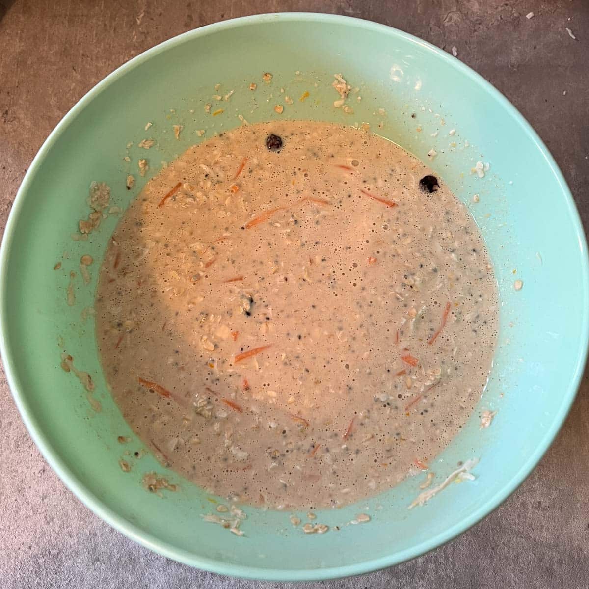 bowl after adding oats, coconut, carrots, craisins (mixed)
