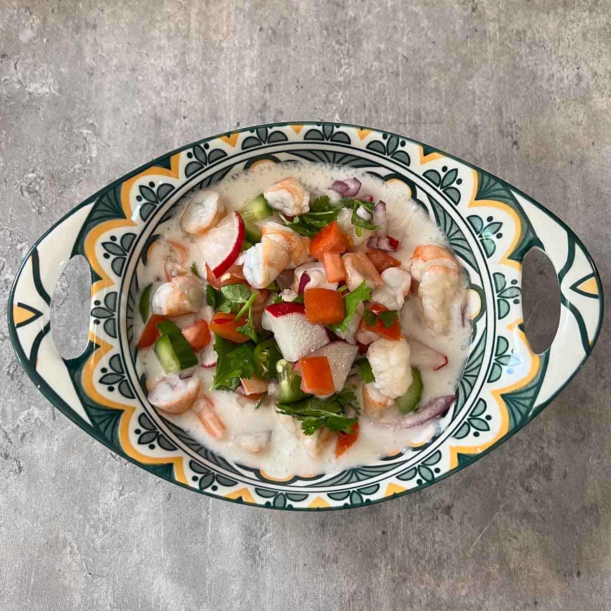 bowl with finished ceviche camaron