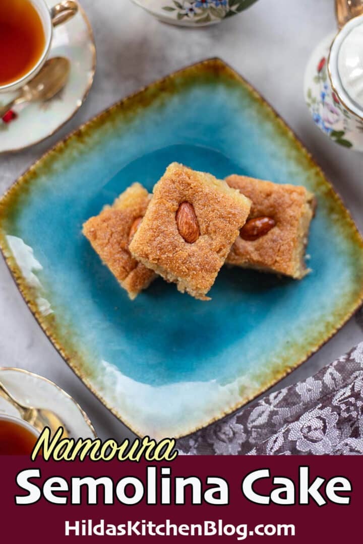 namoura / semolina cake on a blue plate