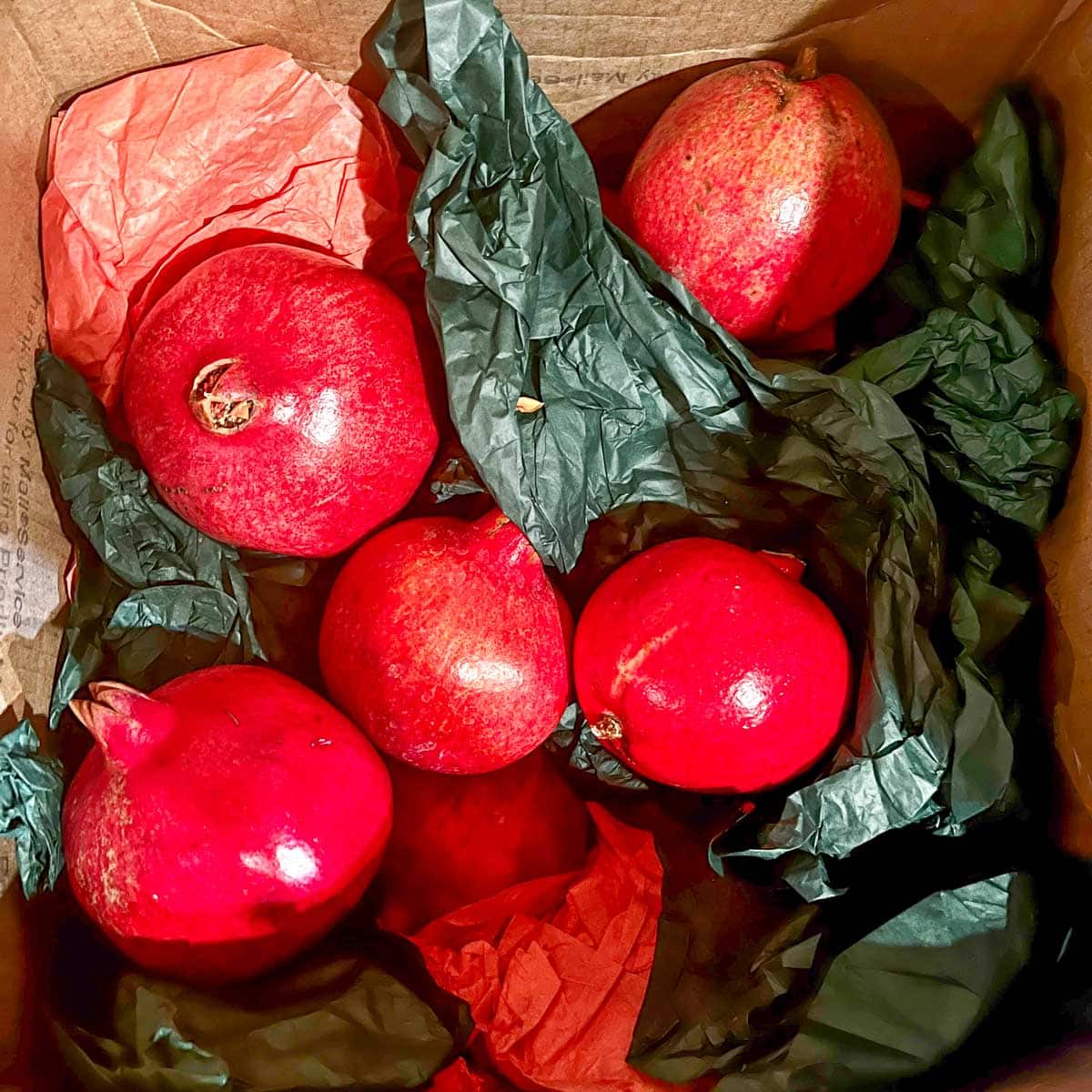 pomegranates in a box with green tissues around them