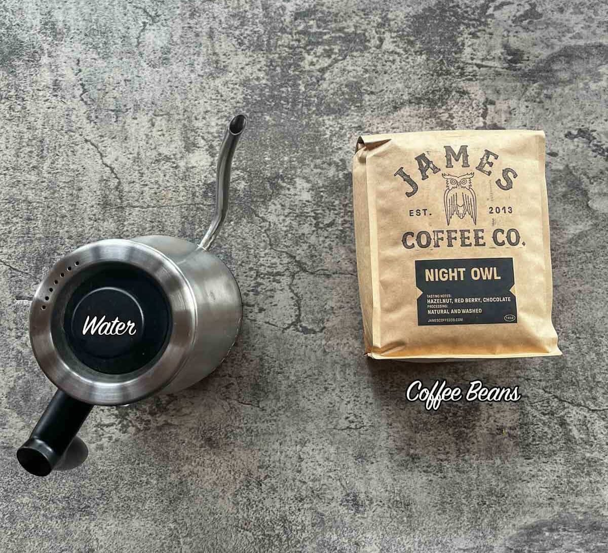 iced americano ingredients (coffee and a kettle of water)