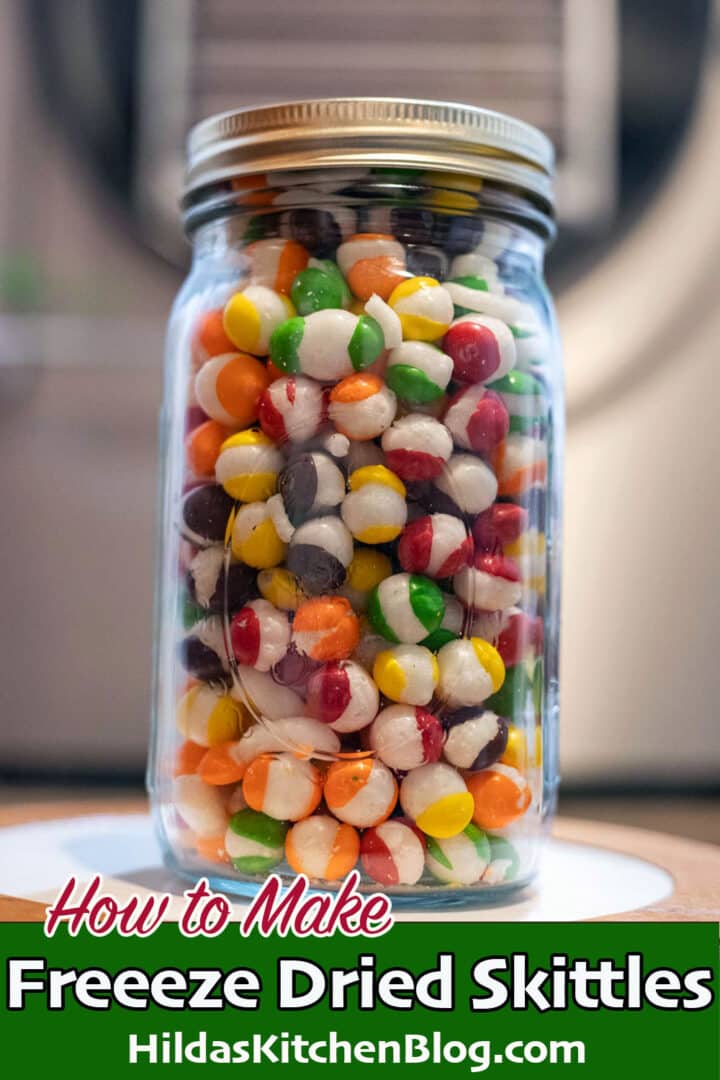freeze dried skittles in a jar