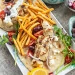 chicken souvlaki and fries