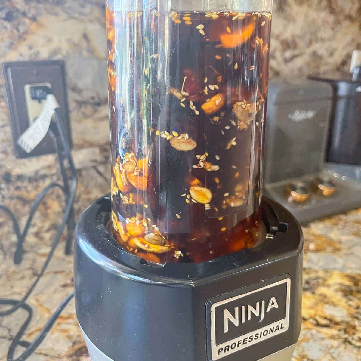 salsa macha ingredients in a blender