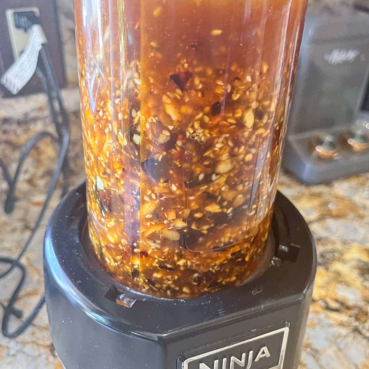 salsa macha ingredients in a blender