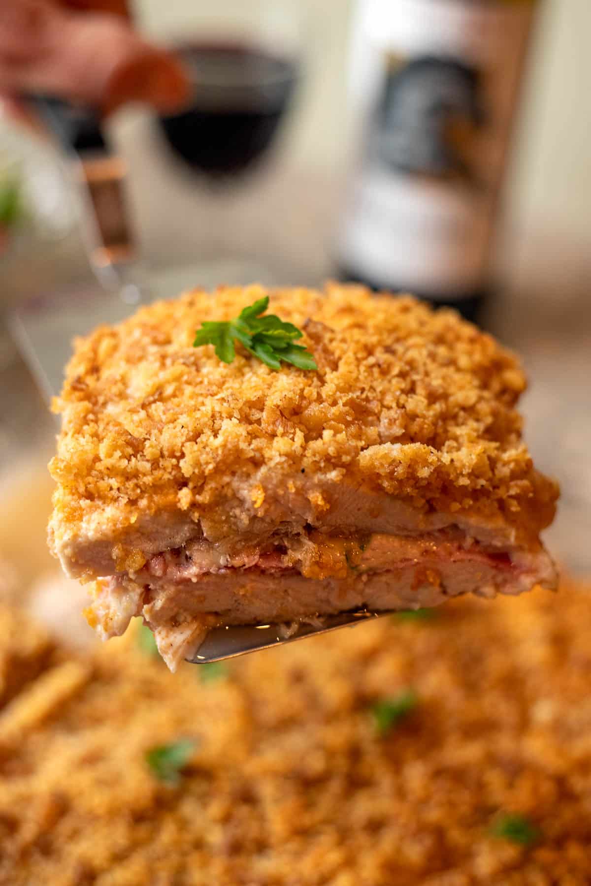 chicken cordon bleu casserole being served