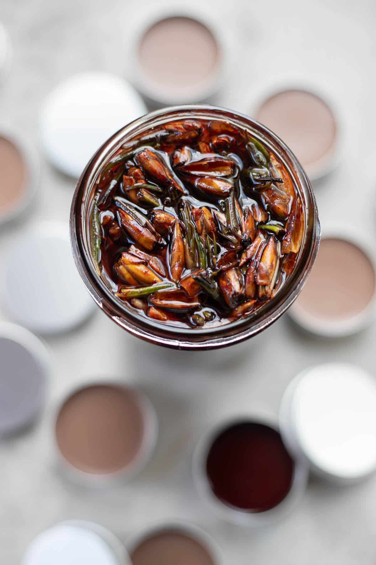 balm of gilead in a jar, top view.