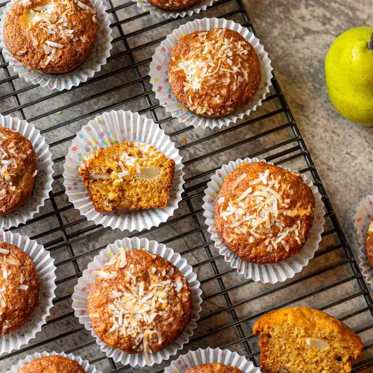 pear muffins on a cooling rack