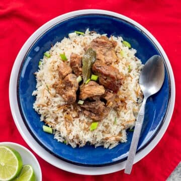 pork adobo over rice on a blue plate with a red napkin under it