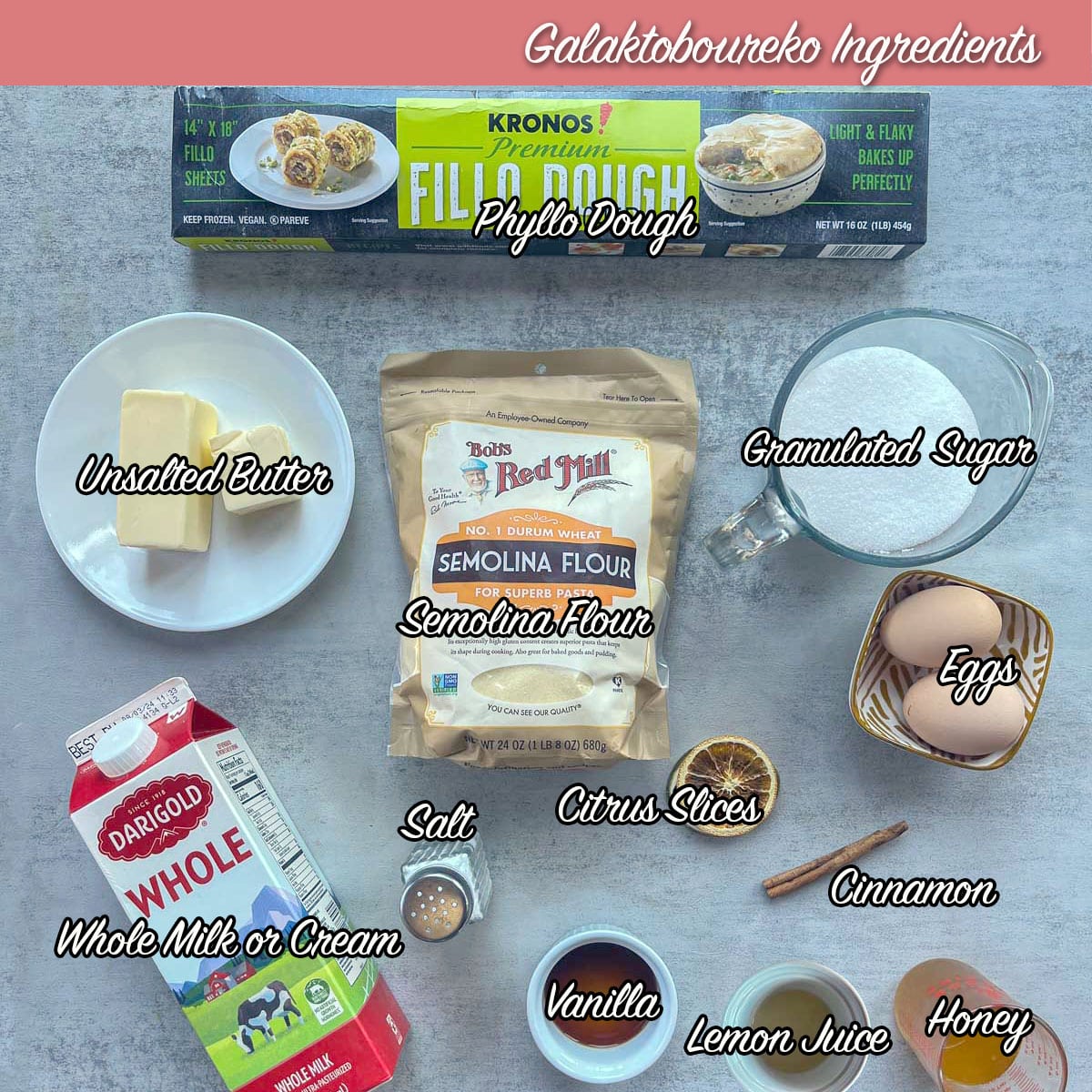 Galaktoboureko ingredients.