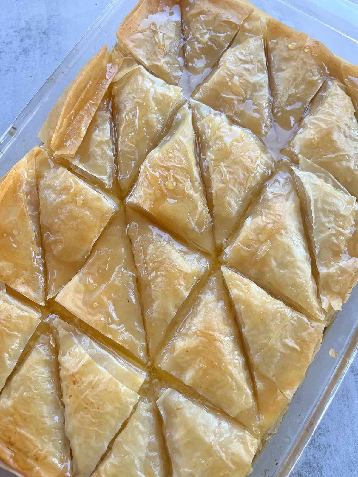 Greek Galaktoboureko in a baking dish, top view