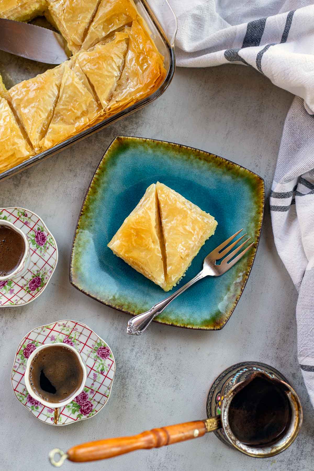 Greek Galaktoboureko with Greek coffee